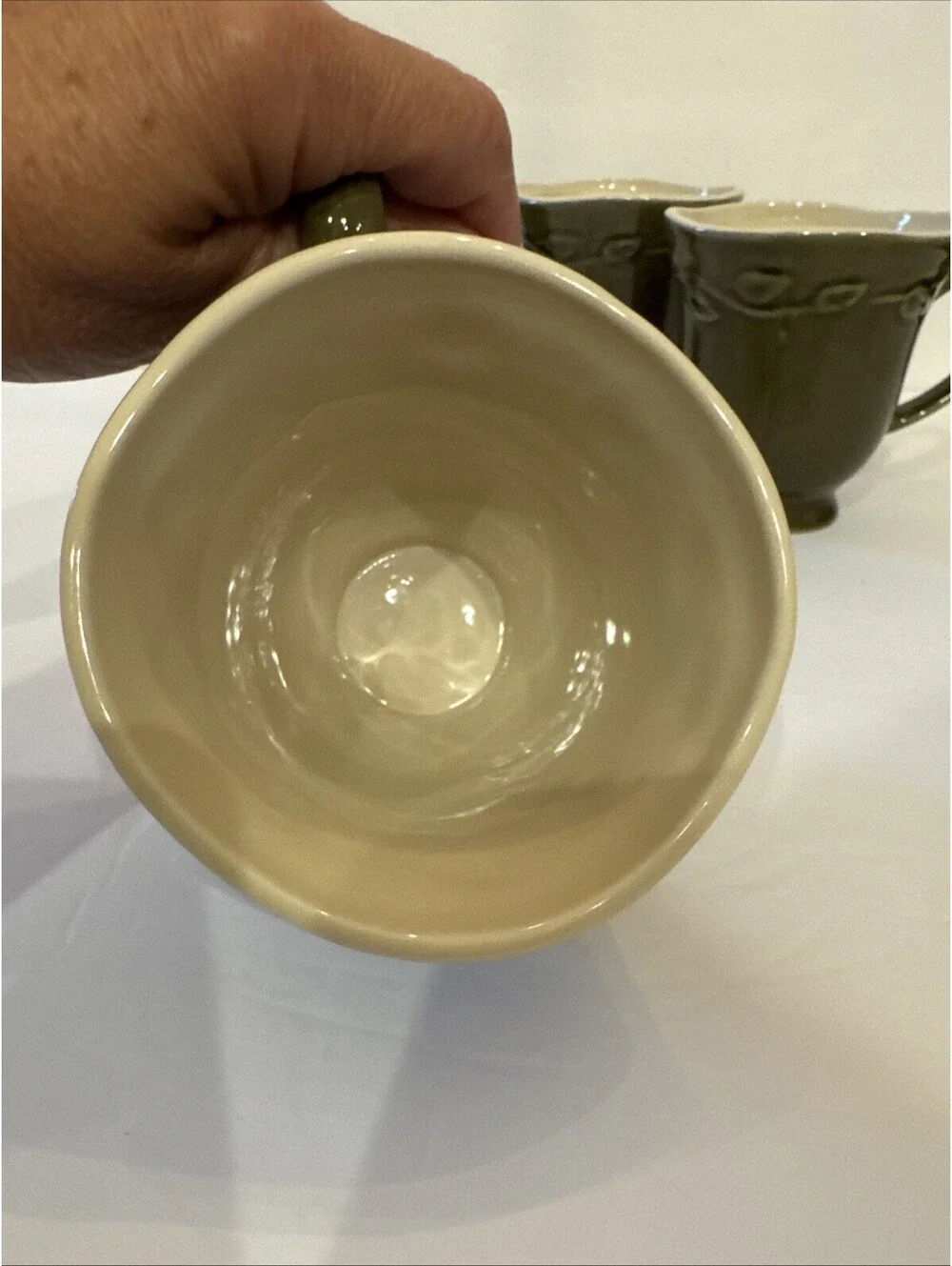 Pier 1 Imports Autumn Leaves (4) Footed Stoneware Mug Avocado 4.25” T By 4” W